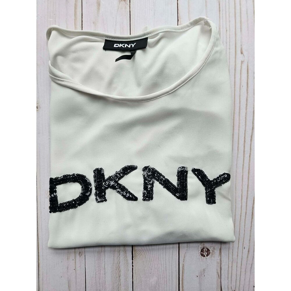 DKNY Women’s White Sequin Embellished T-Shirt Top Short Sleeve Crewneck